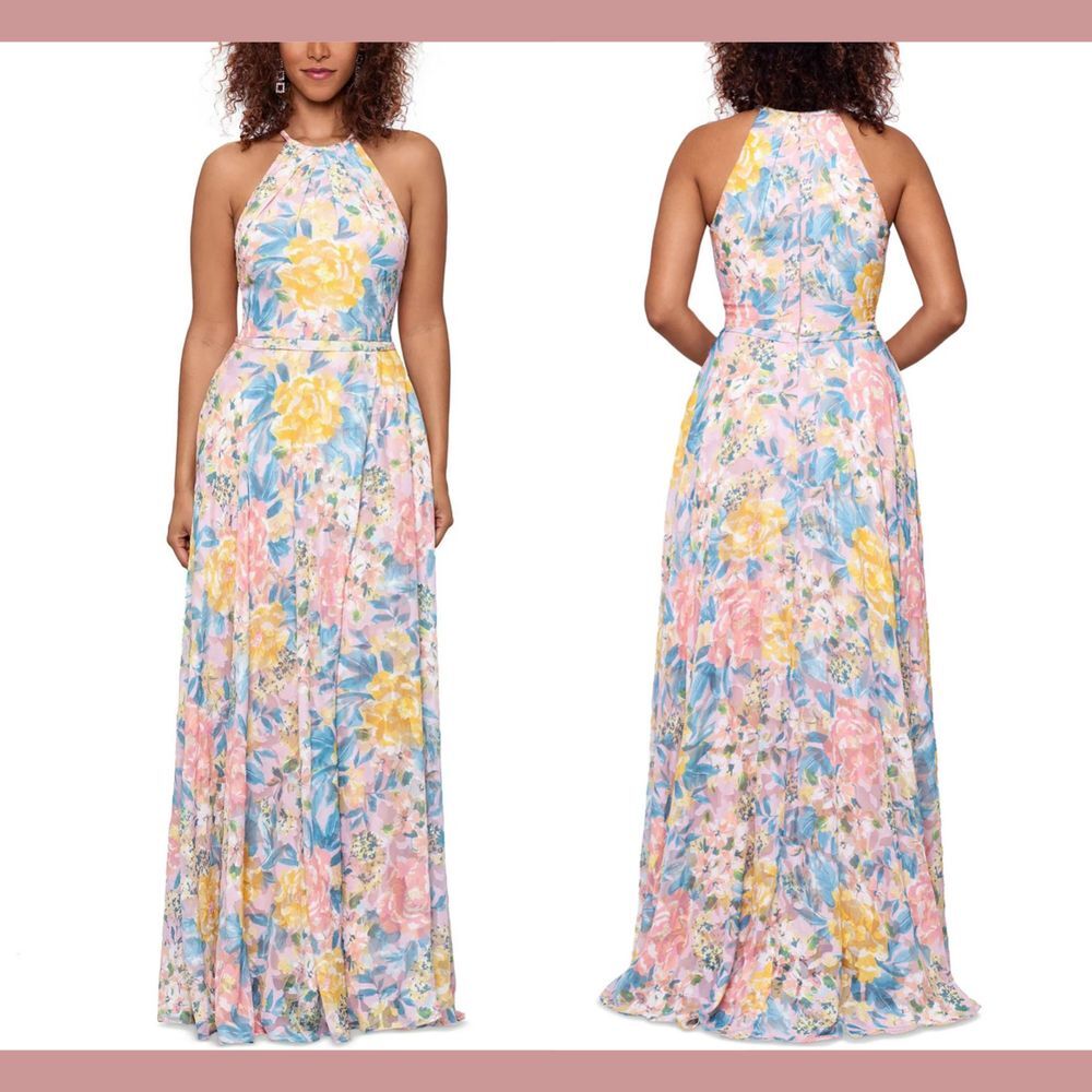 NWT $259 Betsy & Adam [‎ SZ 4 ] Floral Maxi Halter Evening Gown #Q965